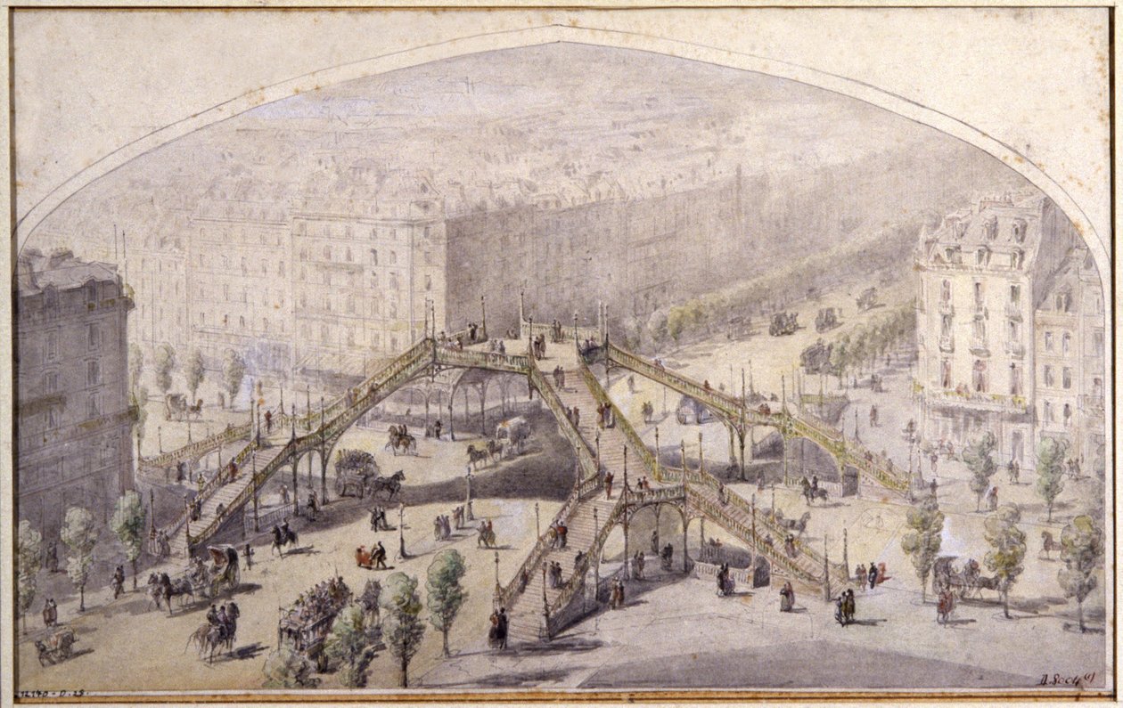 Gångbro i Paris, ca 1880 (teckning) av Unbekannter Künstler