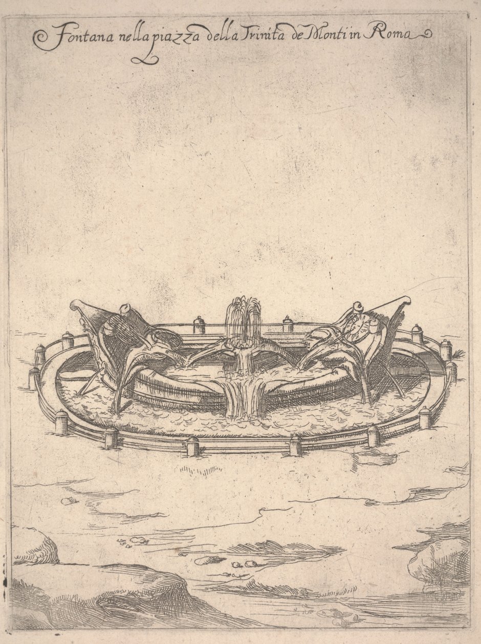 Fontän på torget Trinitá de Monti i Rom, ca 1650 (etsning) av Unbekannter Künstler