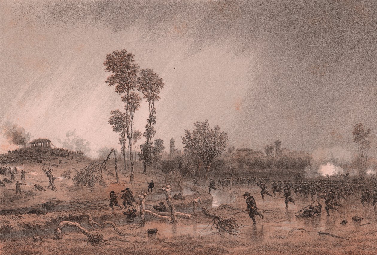 General Cialdinis fjärde piemontesiska division under attacken av slaget vid Palestro, Lombardiet av William M. Timlin