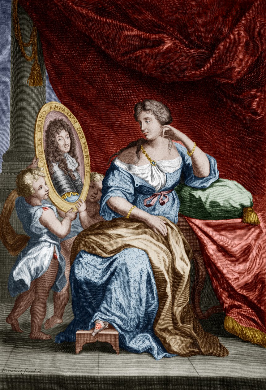 Francoise de Rochechouart de Mortemart markisinna av Montespan (1641-1707), sagda Athenais, älskarinna till den franske kungen Ludvig XIV, gravyr kolorerat dokument av Unbekannter Künstler