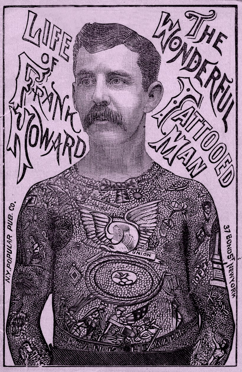 Frank Howard den underbara tatuerade mannen, ca 1900 (färg litho) av Unbekannt