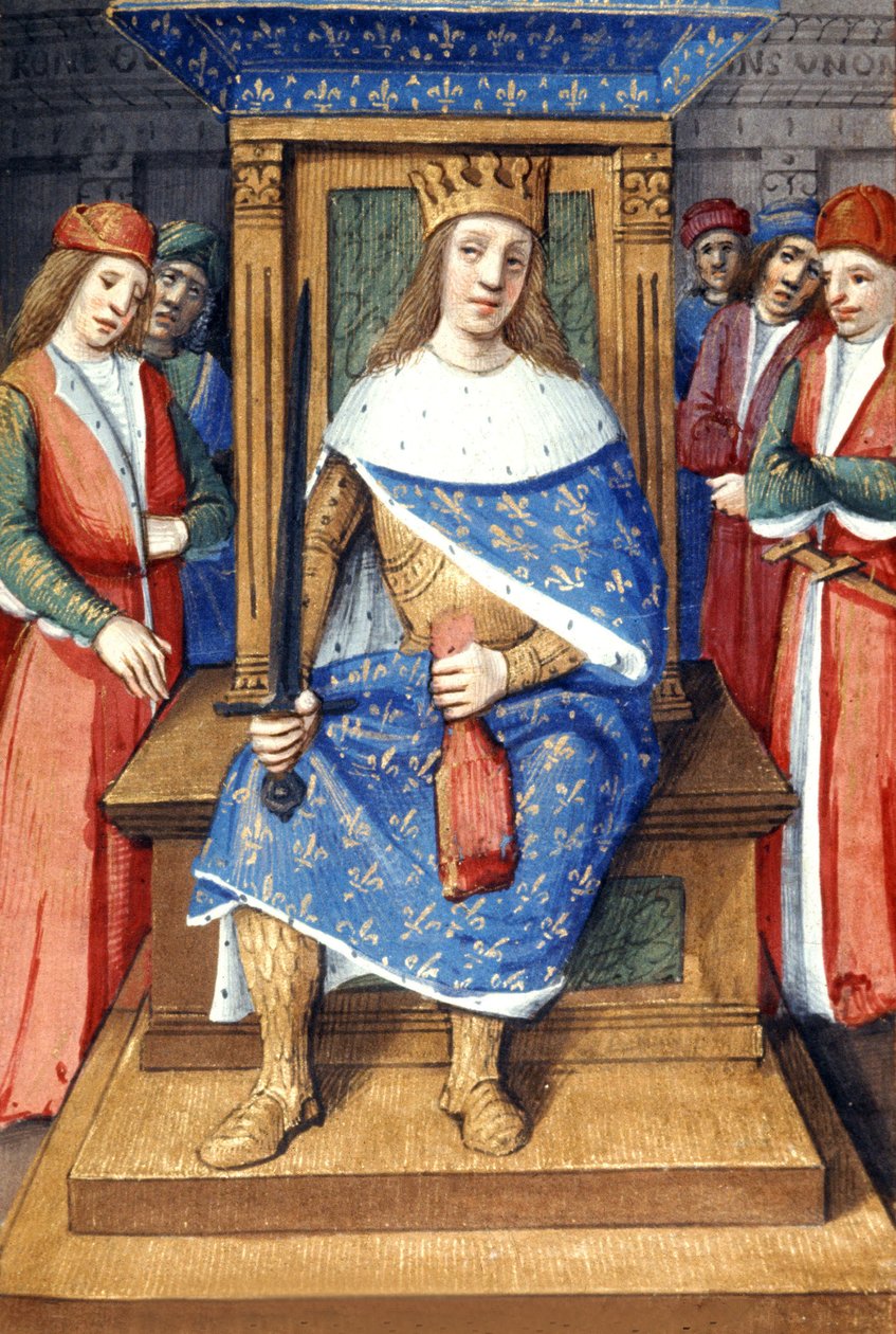 Den franske kungen Ludvig IX (Saint Louis, 214-1270, kung från 1226 till 1270) på sin tron, fransk illumination av Unbekannter Künstler