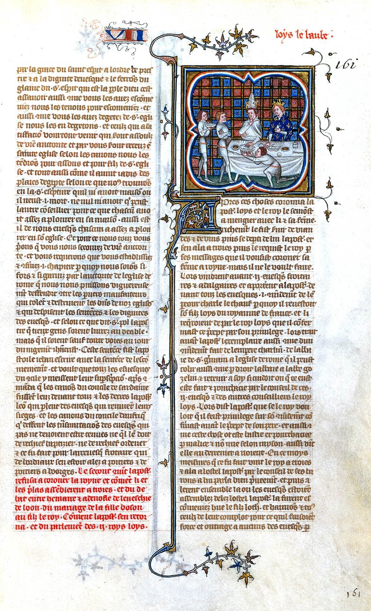 Den franske kungen Ludvig av Stammen (846-879) träffar påven Johannes VIII inför sin kröning 877, illumination från "Grandes Chroniques de France de CharlesV", ca 1375-1380 av Unbekannter Künstler