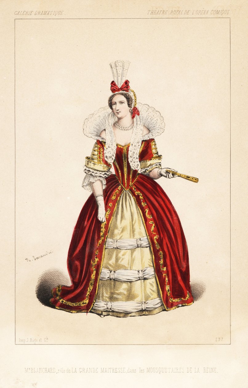 Den franska operasångerskan Madame Frosine Blanchard som La Grande Maitresse i den komiska operan Les Mousquetaires de la Reine av Fromental Halevy, Theatre Royal de l