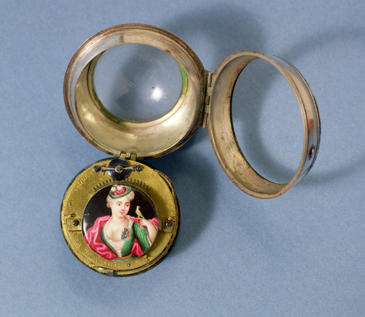 Franskt fickur med fäste som bär ett emaljporträtt av en flicka och en kanariefågel, inneslutet i ett silverfodral, av J.Jacque Andre Bosset, ca 1700 av Unbekannt