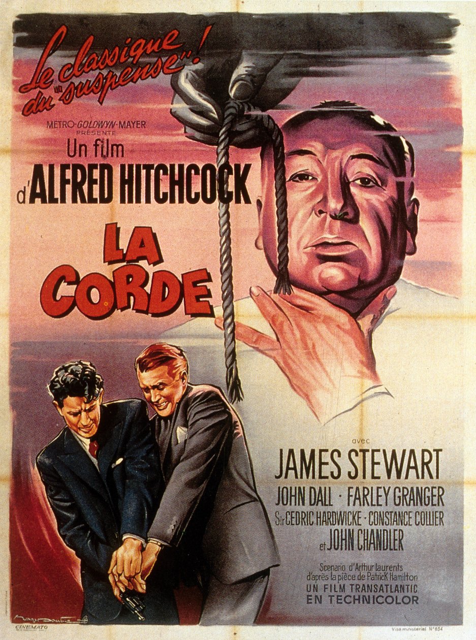 Fransk affisch för filmen Rope i regi av Alfred Hitchcock med Jimmy Stewart, John Dall och Farley Granger i huvudrollerna 1948 av Unbekannt