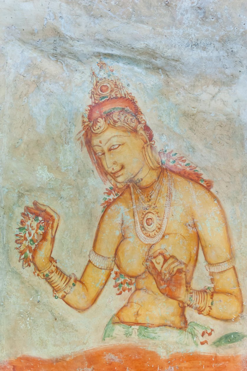 Fresk; barbröstad kvinna med blommor; Apsara; UNESCOs världsarvslista; Sigiriya; Sri Lanka; Asien av Unbekannt