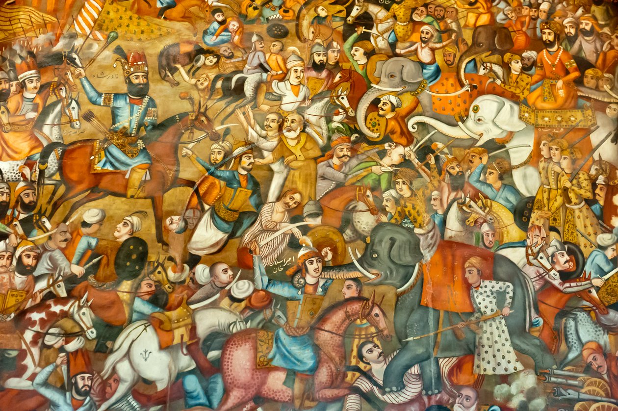 Fresk; slåss; slaget vid Nadir Shah i slaget vid Karnal; 1739; på en häst; mot Sultan Mohammed Shah Gurkani på en vit elefant; Chehel Sotoun; Forty Pillars Palace; Isfahan; Iran; Asien av Unbekannt