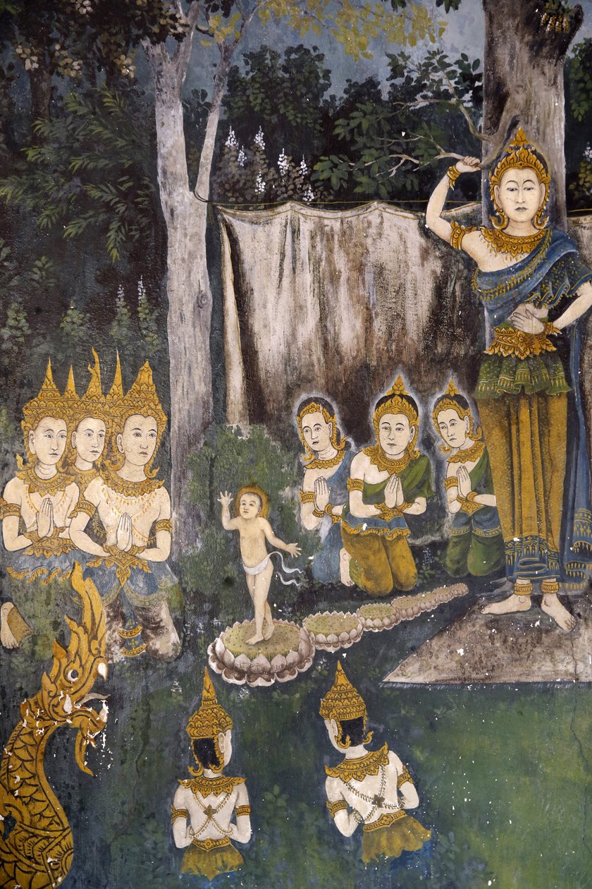 Fresk som visar en scen av Buddhas liv i Wat Phra Doi Suthep, Chiang Mai. Thailand. Buddha som barn. av Unbekannt