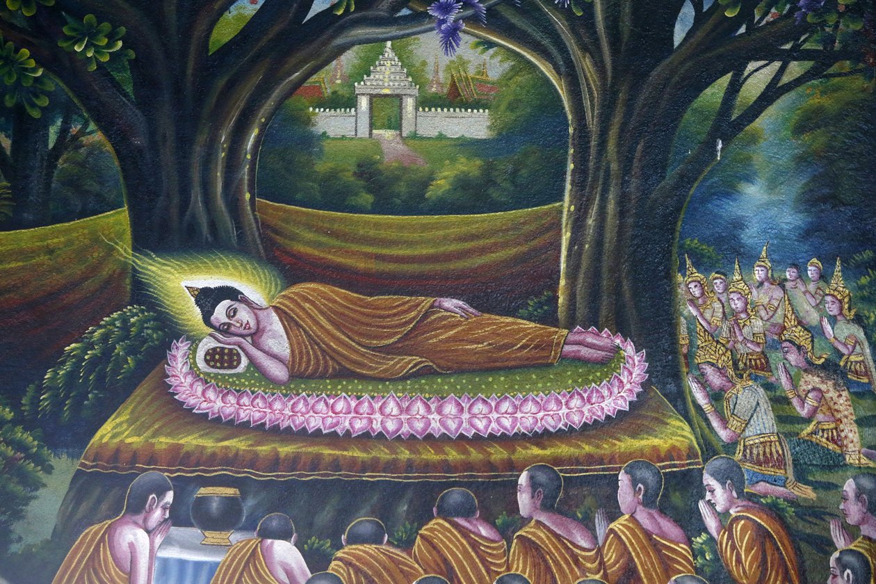 Fresk som visar Buddhas intåg i nirvana i Wat Chiang Mun, Chiang Mai. Buddhas inträde i parinirvana. Thailand av Unbekannt