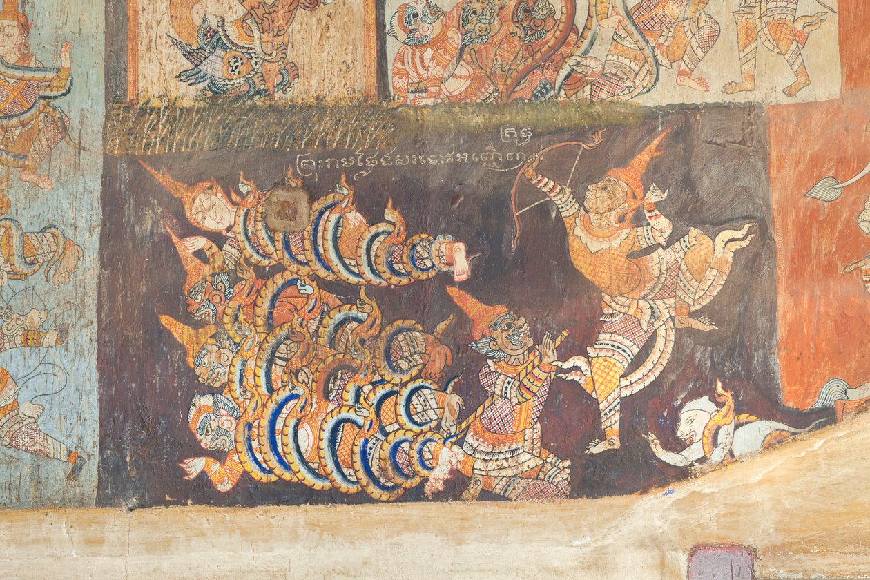 Fresker som pryder väggarna i Wat Bo som visar scener från Reamker, Siem Reap, Kambodja (foto) av Unbekannter Künstler