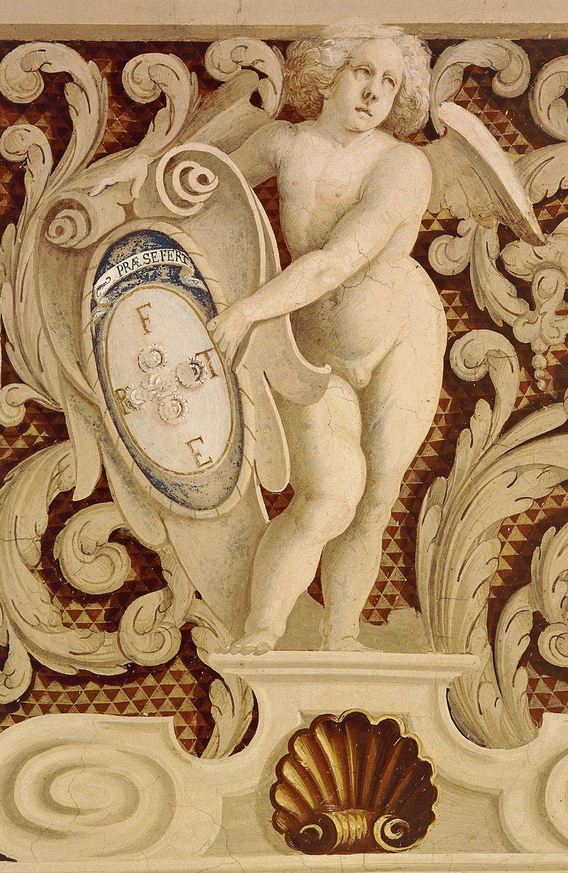 Fresker av Baronial Hall (1400-talet), detalj, Della Manta slott, Manta (Cuneo), Piemonte, detalj, Italien av William M. Timlin