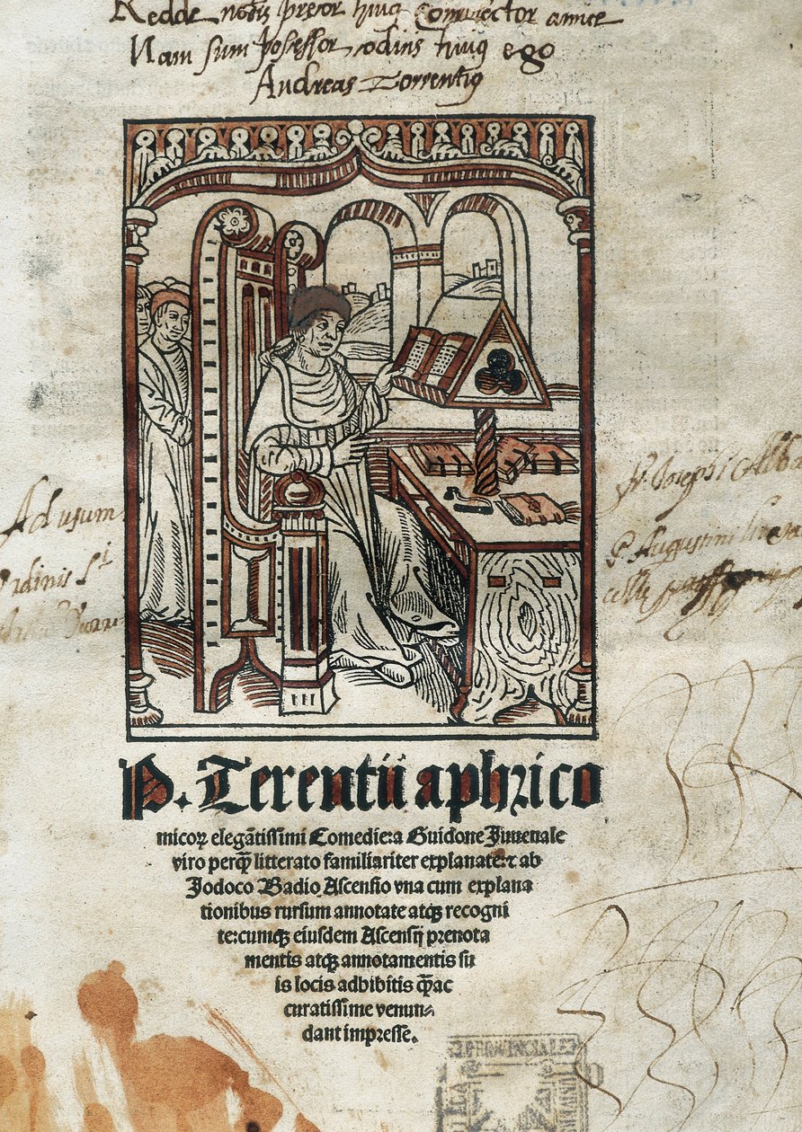 Frontispice av komedier av den komiska poeten Terence (Publius Terentius Aferer) (190-145 f.Kr.). Författaren är representerad. av Unbekannt