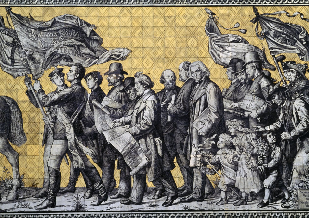 Furstenzug, eller Procession of Princes, i Augustus Strasse, gjord av 25 000 Meissen-plattor, detalj, Dresden, Sachsen, Tyskland av Benjamin Baud