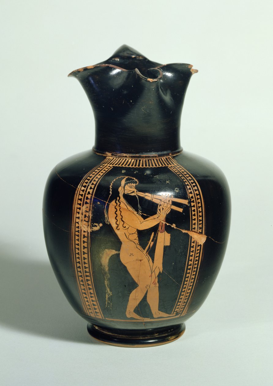GR.126-1864 Oinochoe, dekorerad med Satyr som spelar dubbla flöjter, vindsröd figur, Aten, grekiska, 520 f.Kr. (lera) av Unbekannt