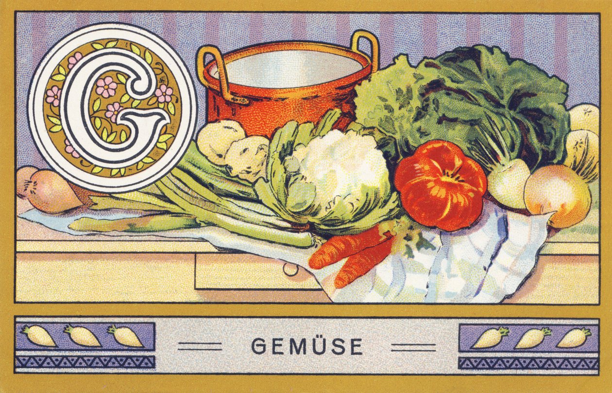 G: Grönsak - Alfabetet Palmine. Serie av kromolitografier redigerade av H. Schlinck & Cie, Hamburg, sid. d. . Annons för Palmins finaste kokosfett. Mått: 7 x 11 cm av William M. Timlin