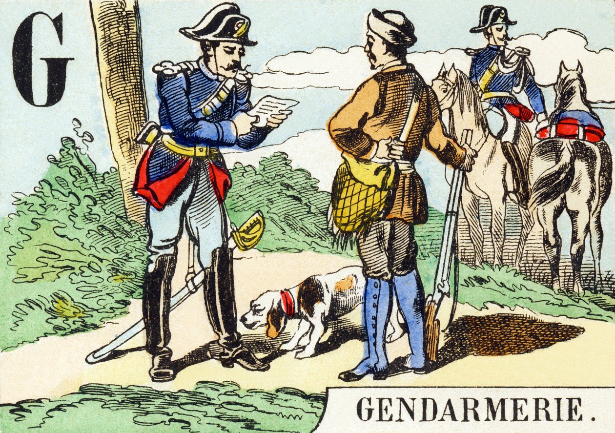 G : Gendarmeri - Jaktalfabetet, ca 1890 (gravyr) av Unbekannt