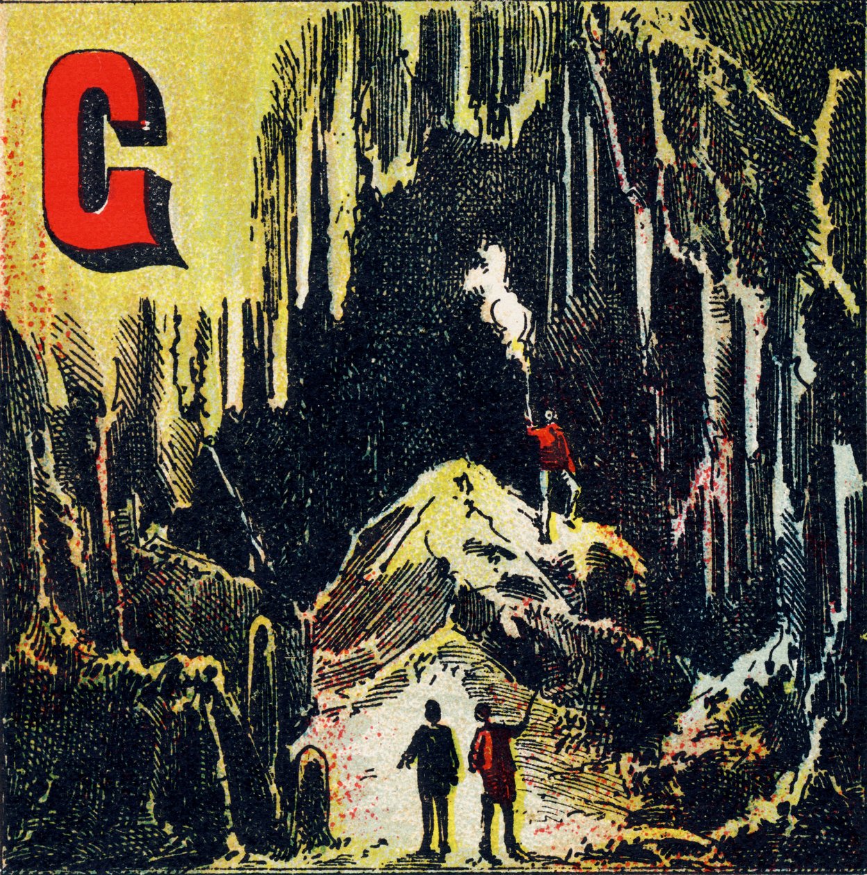G: Grotta. Arter av naturlig grotta - Gravyr extraherad från det geografiska alfabetet. Guerin-Muller et Cie, förlag, Paris av Unbekannt