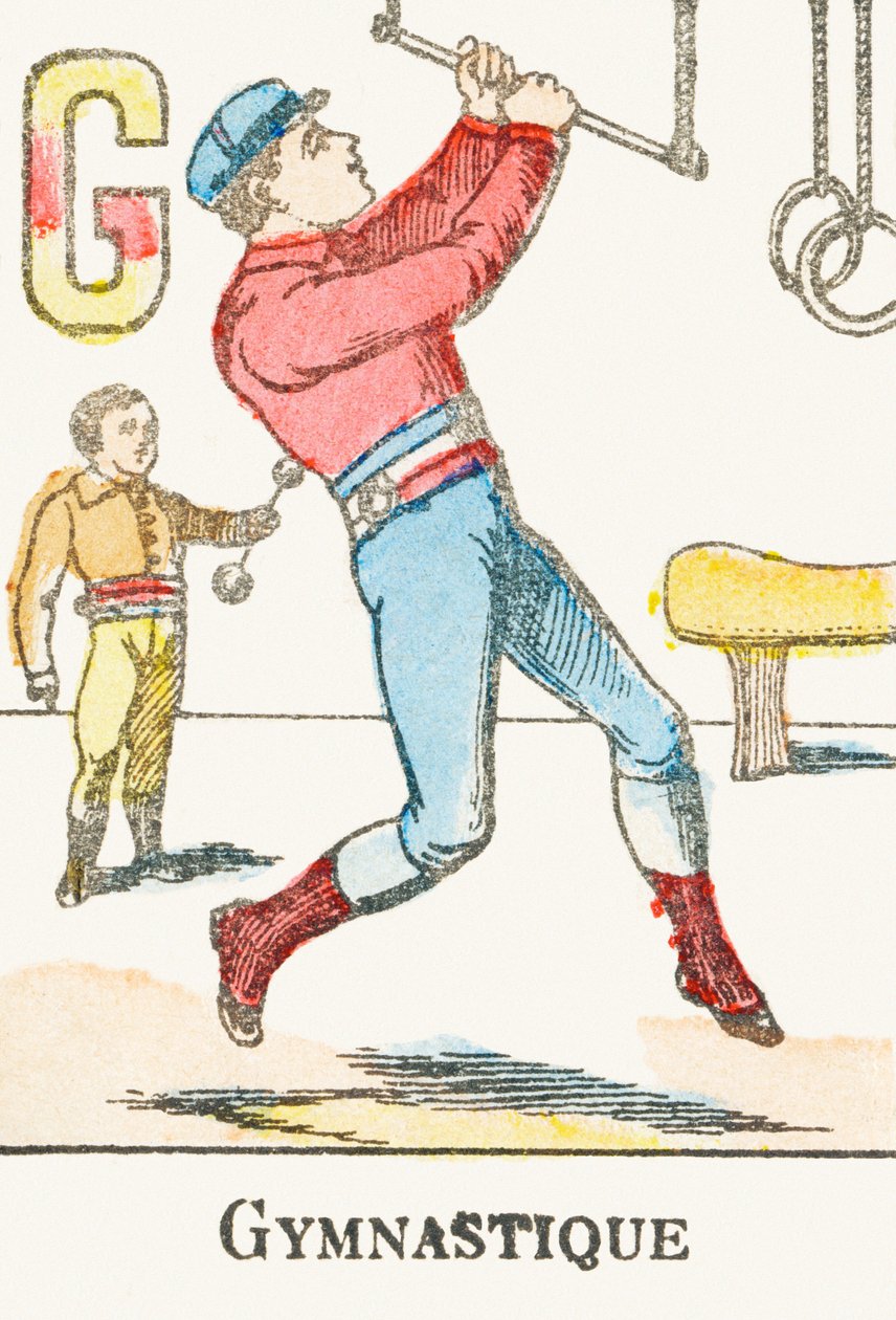 G: Gymnastik - Gravyr från "Alphabet des jeux", cirka 1890 av Unbekannt