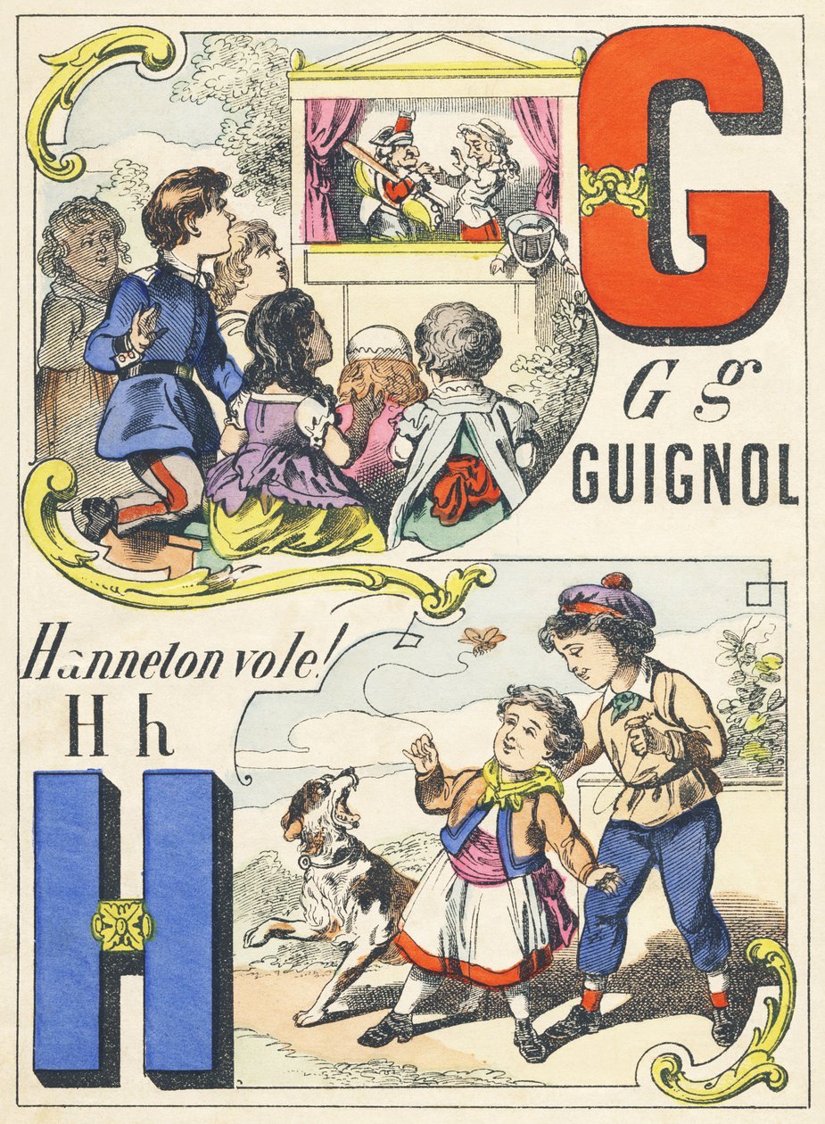 G H: Guignol, Cockchafer flugor! - Spelalfabetet, ca 1890 (illustration) av Unbekannt