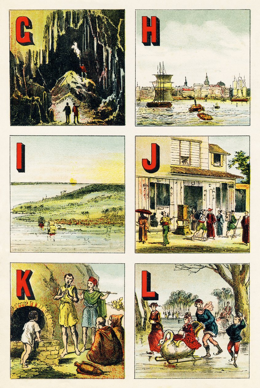 G H I J K L: grotta, Hamburg, ö, Japan, Kabylie, sjö - Gravyr utdraget från det geografiska alfabetet. Guerin-Muller et Cie, förlag, Paris av Unbekannt