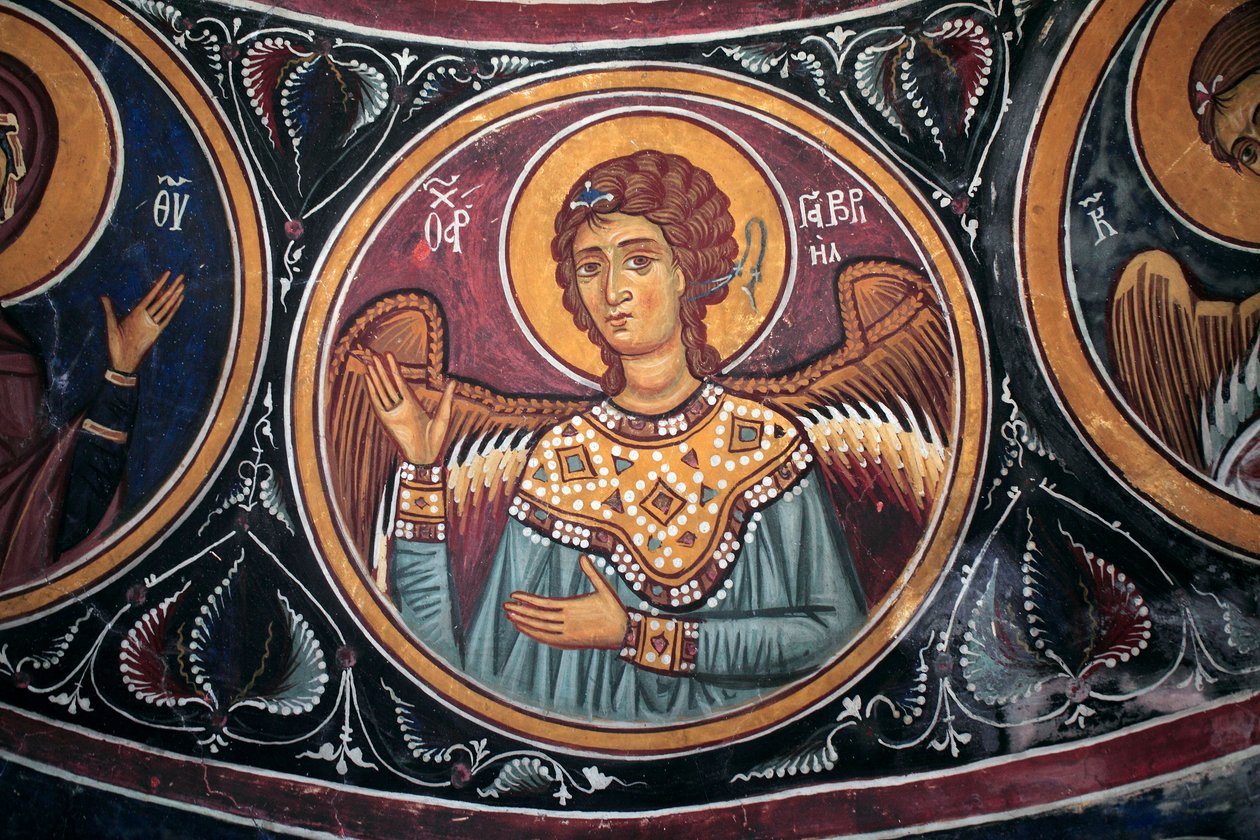 Gabriel ärkeängelmedaljong runt Kristus och den sista domen Detalj av den bysantinska fresken från Narthex-valvet i kyrkan i Asinou Senaste domsscen 1300-talet (1332) UNESCO, världsarv Troodos-regionen, Cypern av Unbekannt
