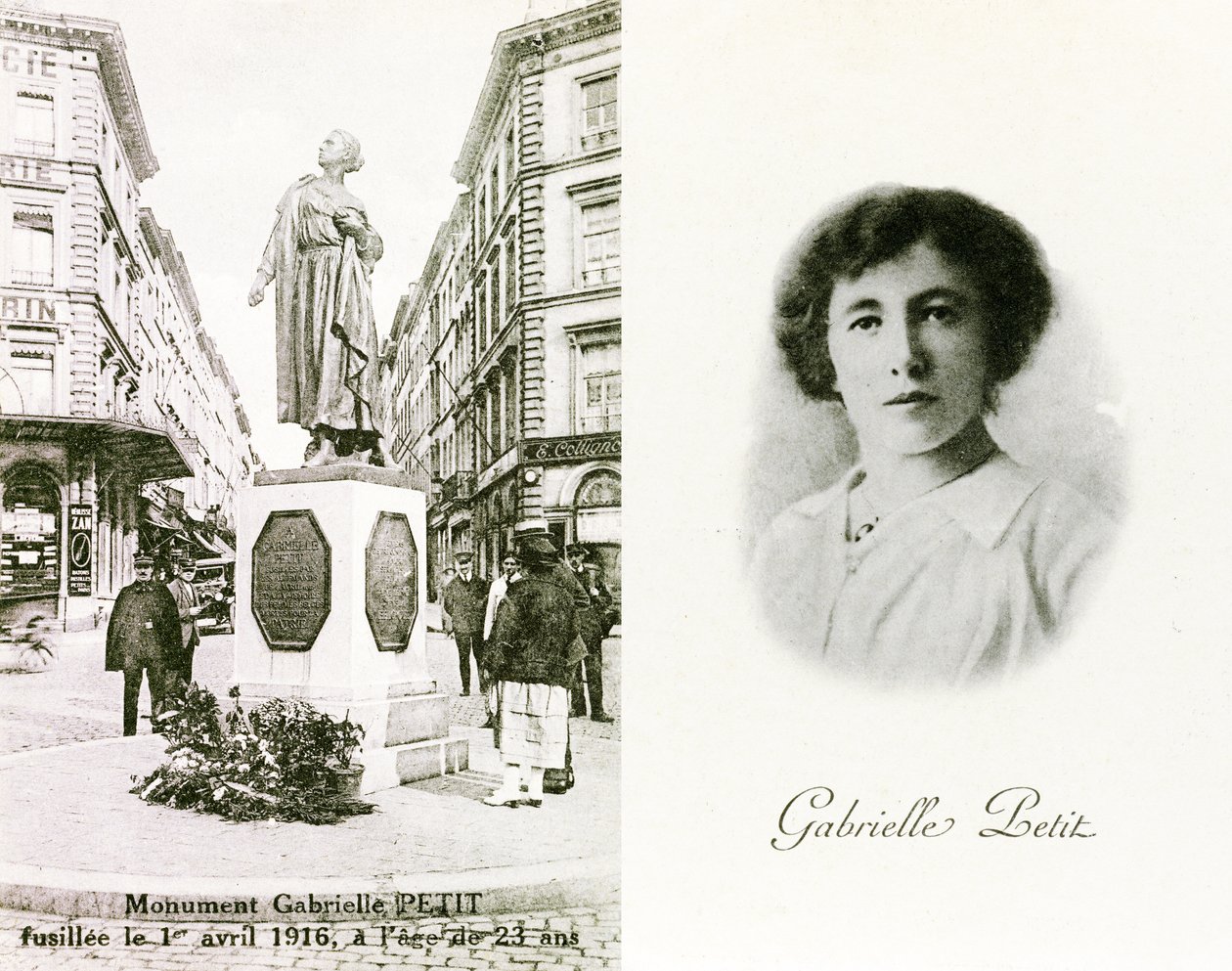 Gabrielle Petit och monumentet som restes till hennes ära i Bryssel, minneskort, c.1925 (litho) av Unbekannter Künstler