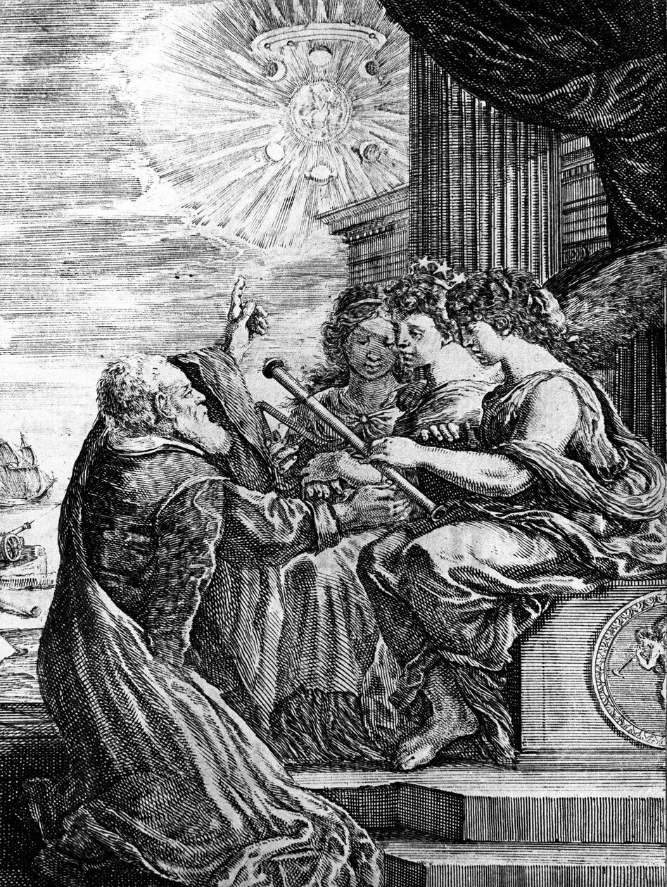 Galileo visar upp sitt teleskop för muserna och pekar på ett heliocentriskt system för universum av Unbekannter Künstler