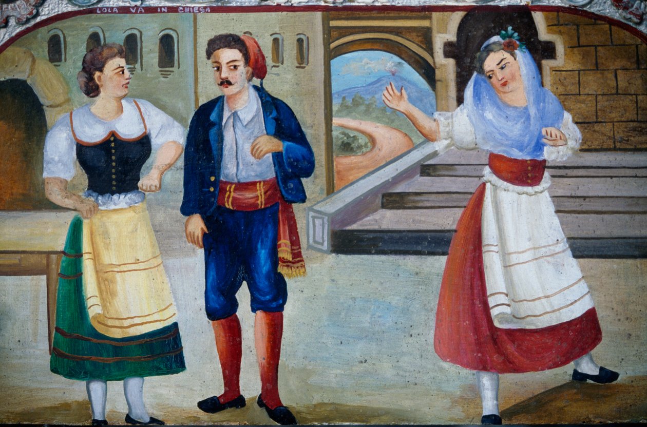 Galant scen med utklädda karaktärer, träpanelmålning, sicilianskt hantverk, Sicilien, Italien, Detalj av William M. Timlin