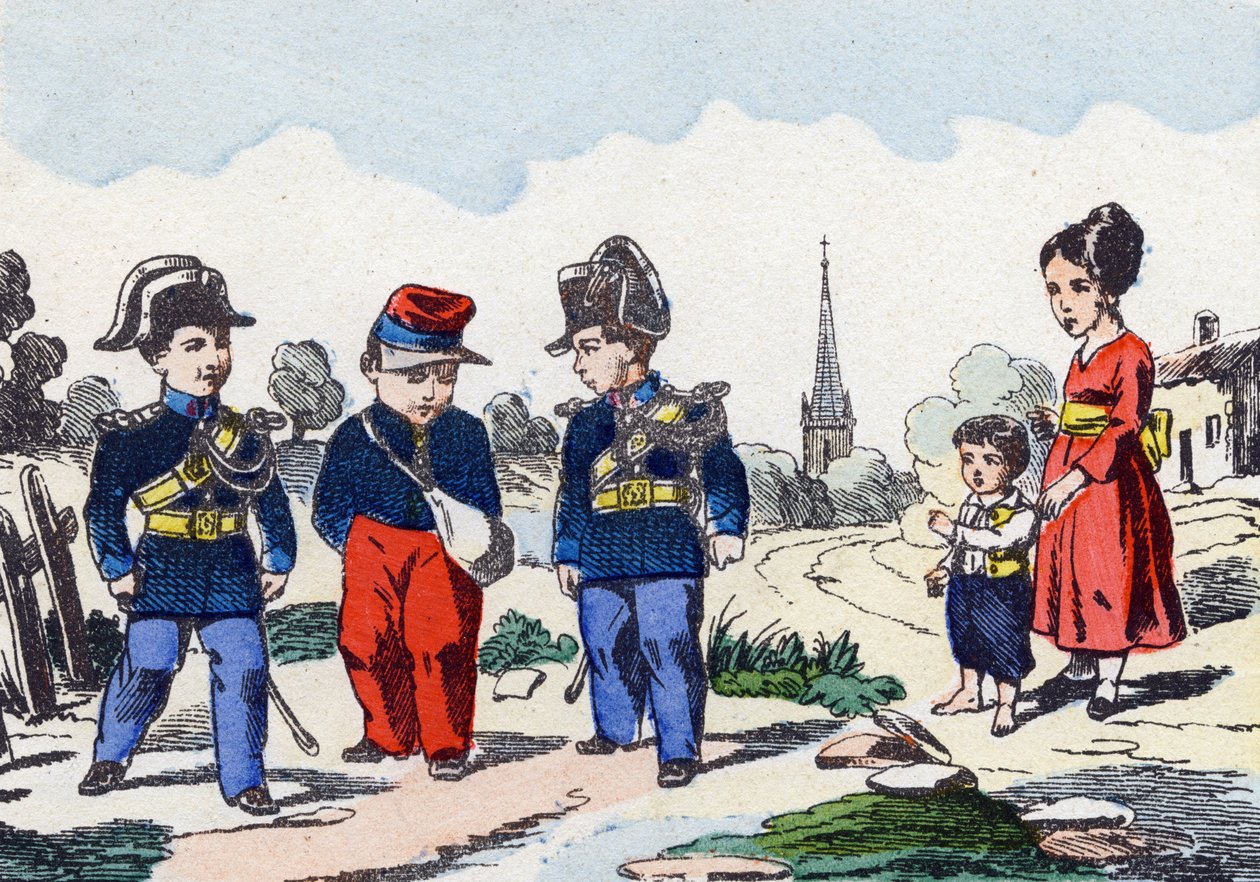 Gendarmer. Gravyr i "Barns militäralfabet"". Bildspråk av Pont-a-Mousson, cirka 1890. 20 sidor. Sol: 28,5x21cm av Unbekannt