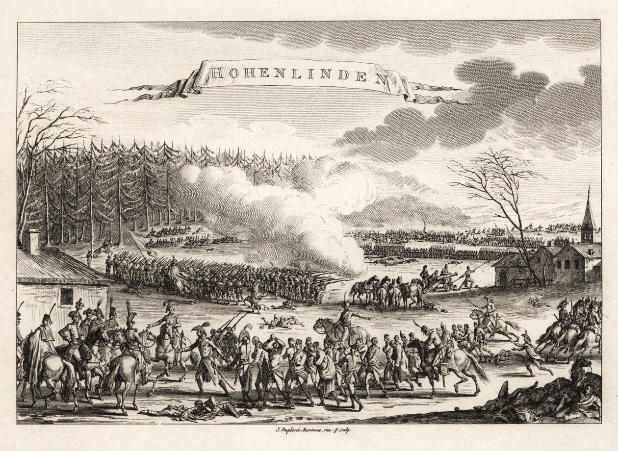 General Jean Victor Marie Moreau leder den franska revolutionsarmén till seger i slaget vid Hohenlinden över österrikarna och bayererna av Unbekannt
