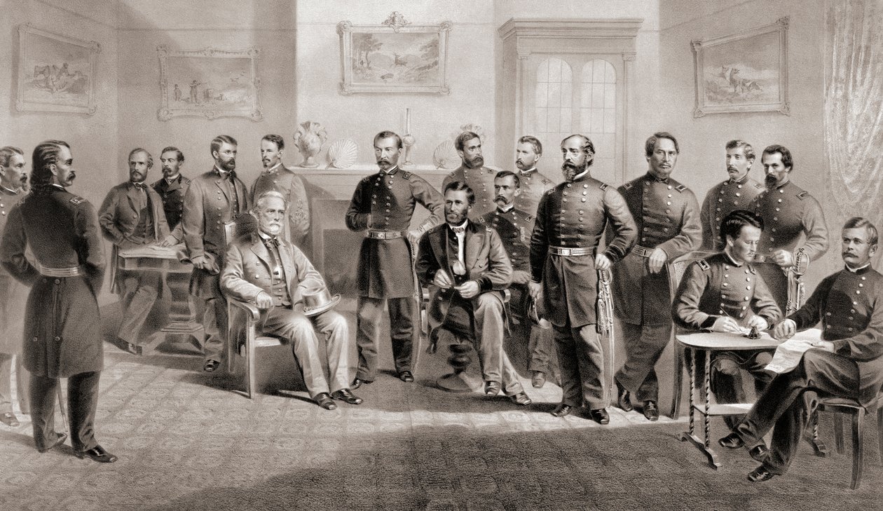 General Ulysses S. Grant (sittande mitten till höger) och general Robert E. Lee (sittande mitten till vänster) med sin respektive personal vid Appomattox Courthouse, Virginia där general Lee överlämnade Army of North Virginia och därmed avslutade det ameri av Unbekannt