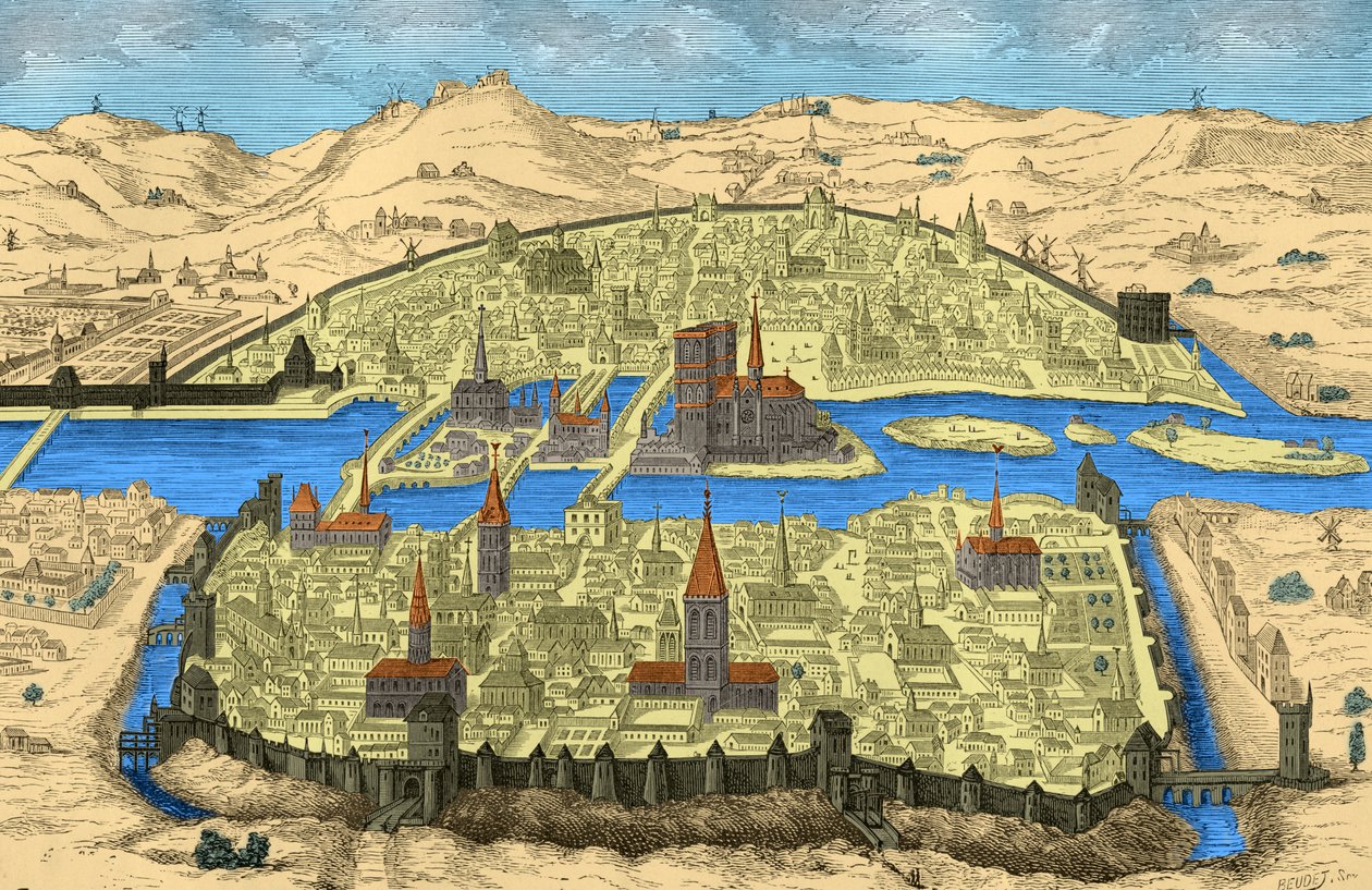 Allmän bild av Paris på 1400- och 1500-talet (gravyr) av Unbekannter Künstler