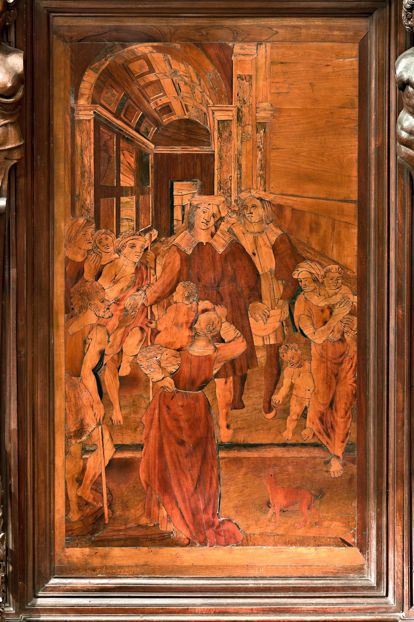 Genua, Duomo (St Lawrence Cathedral), interiör, presbyterium, absid, kör, norra sidan: "The Charity of St Lawrence", träintarsia av Gian Michele de