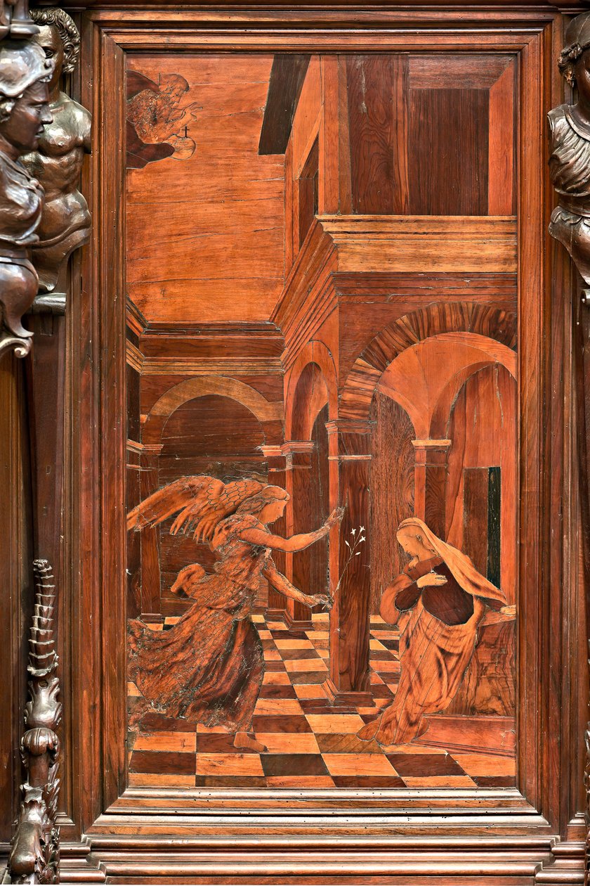 Genua, Duomo (St. Lawrence-katedralen), inuti, presbyterium, absid, kör, södra sidan: "Annunciation", trä intarsia av Gian Michele De