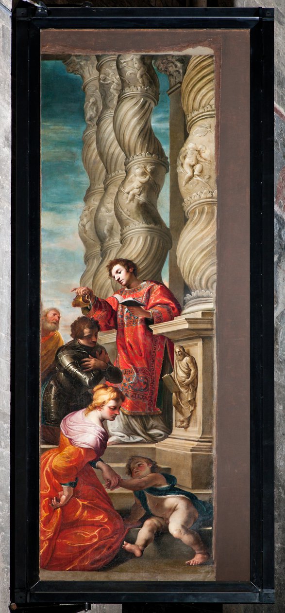Genua, Duomo (St Lawrence Cathedral), interiör, vänster gång, originaldörrar till orgeln på södra tvärskeppet: "St Lawrence christens St Romanus" (1634-6), av Andrea Ansaldo av Unbekannter Künstler