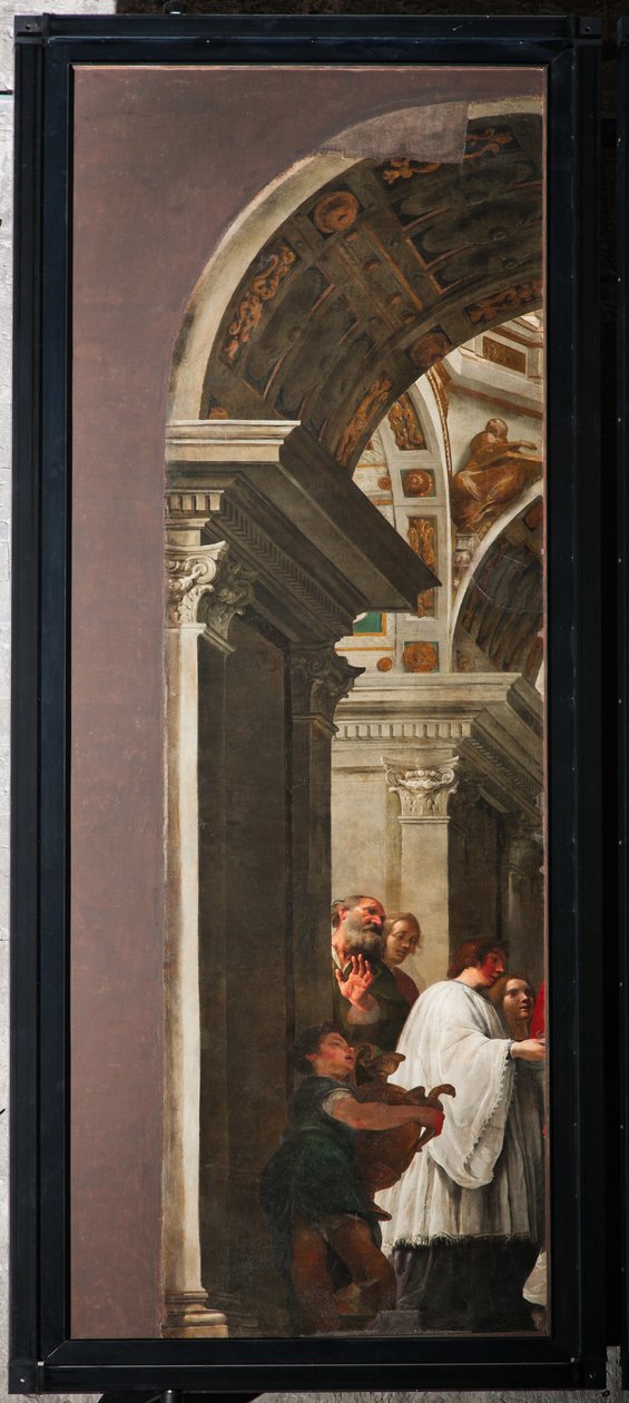 Genua, Duomo (St Lawrence Cathedral), interiör, vänster gång, originaldörrar till orgeln på södra tvärskeppet: "St Lawrence distribuerar kyrkans skatt till de fattiga" (1635), av Andrea Ansaldo av Unbekannter Künstler