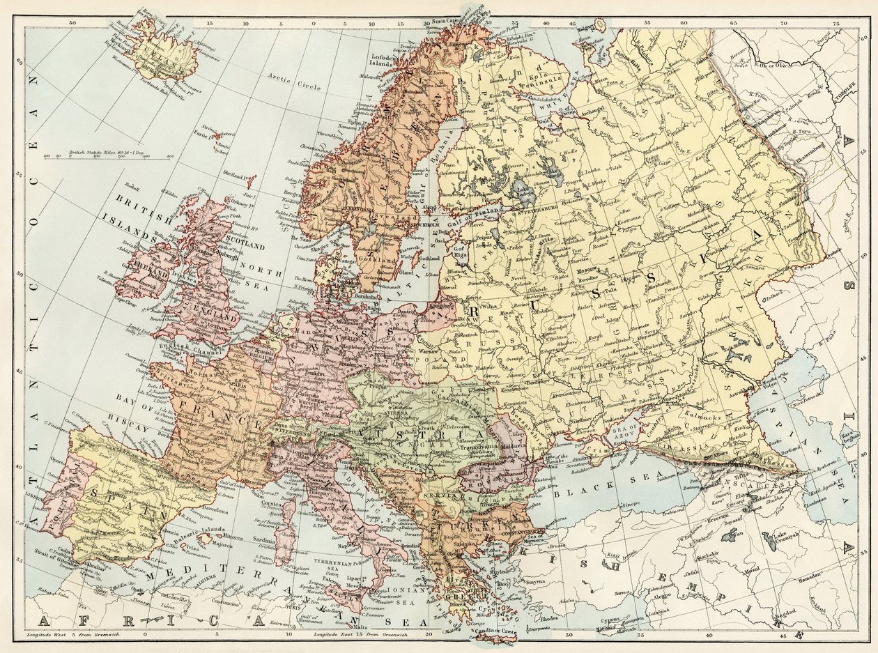 Geografisk karta över Europa på 1870-talet. Färglitografi från 1800-talet av Unbekannter Künstler