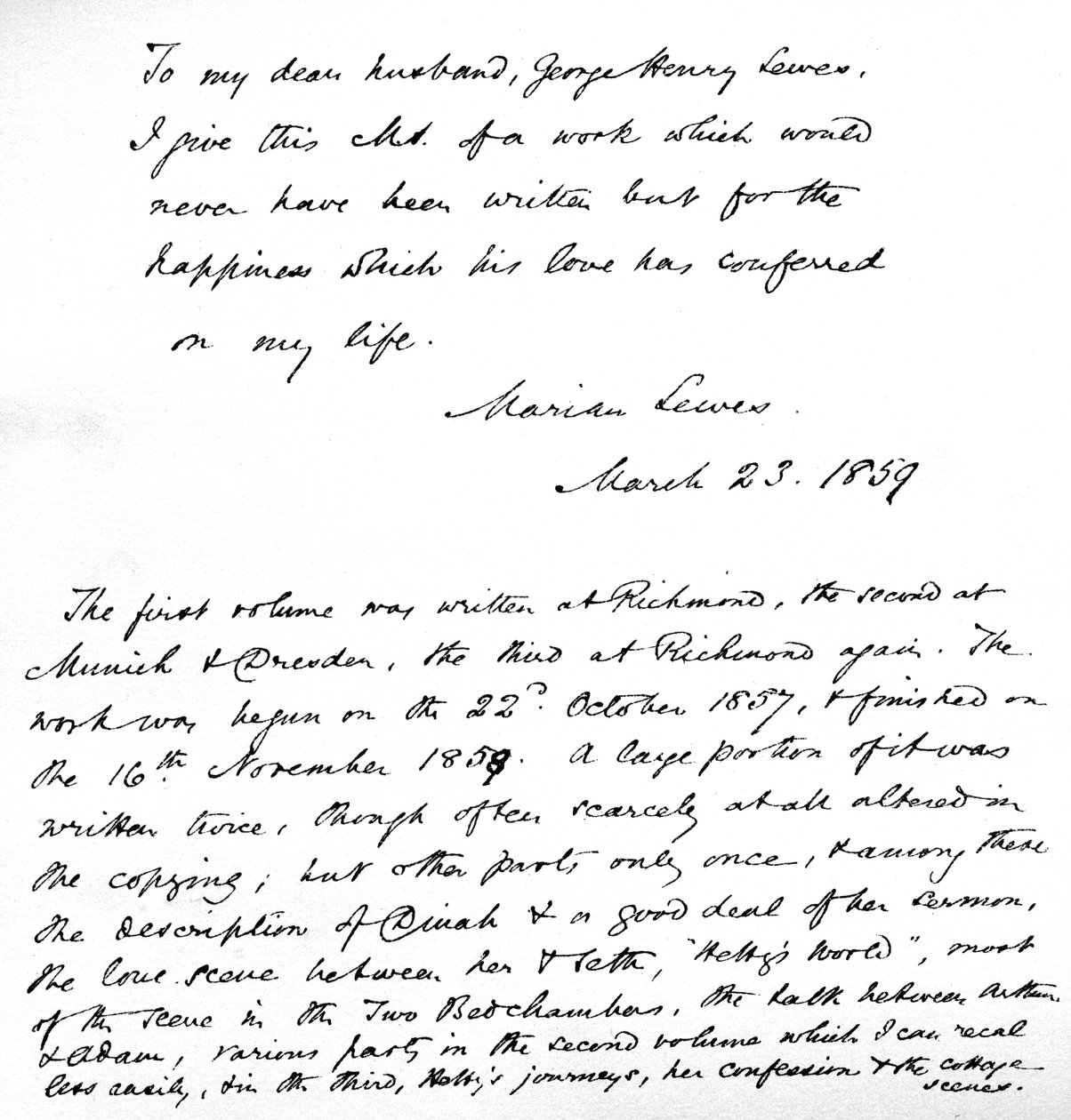 George Eliots varma och kärleksfulla hängivenhet till sin "kära make", George Henry Lewes, på första sidan av manuskriptet till hennes roman "Adam Bede", 23 mars av Unbekannt