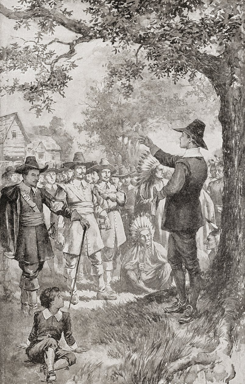 George Fox predikar för en folkmassa i Maryland, Amerika, 1671 under ett fyra dagar långt möte med lokala kväkare. George Fox av Unbekannter Künstler