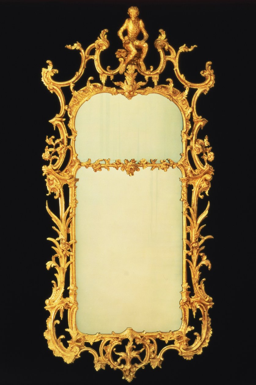 George III pirspegel i förgyllt trä, med två plattor, utarbetad krön, centrerad av figuren av en apa på en stenställning, ca 1765 av Unbekannt