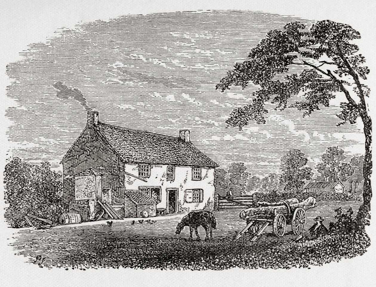 George Stephensons födelseplats. George Stephensons hem i en stenstuga från 1700-talet, Wylam, Northumberland, England, som här ses på 1800-talet. Från Great Engineers, publicerad ca 1890 (svartvit gravyr) av Unbekannter Künstler
