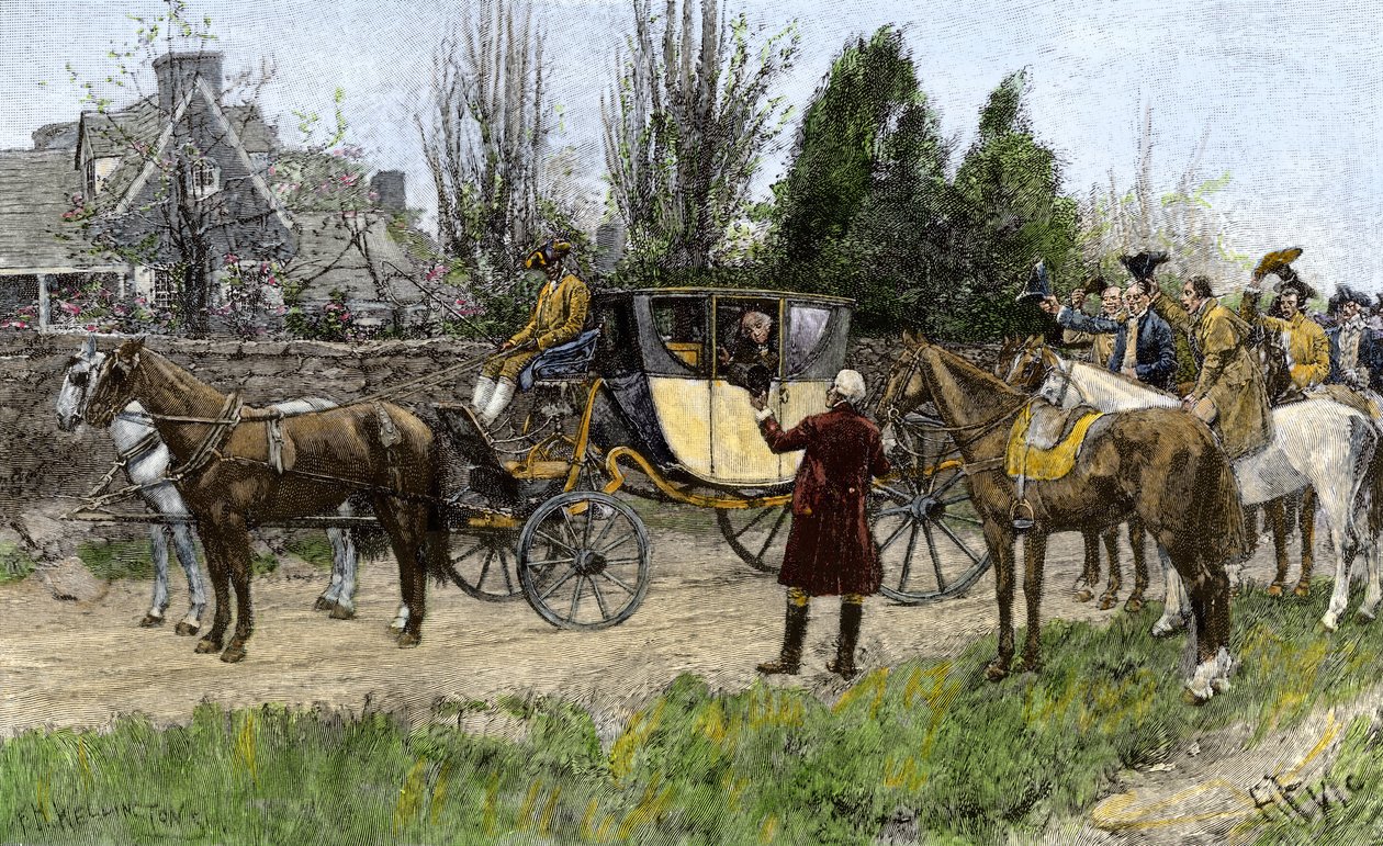 George Washington (1732-1799) hälsas av sina grannar när han lämnar Virginia för att tillträda som USA:s president år 1789. Färggravyr från 1800-talet. av Unbekannter Künstler