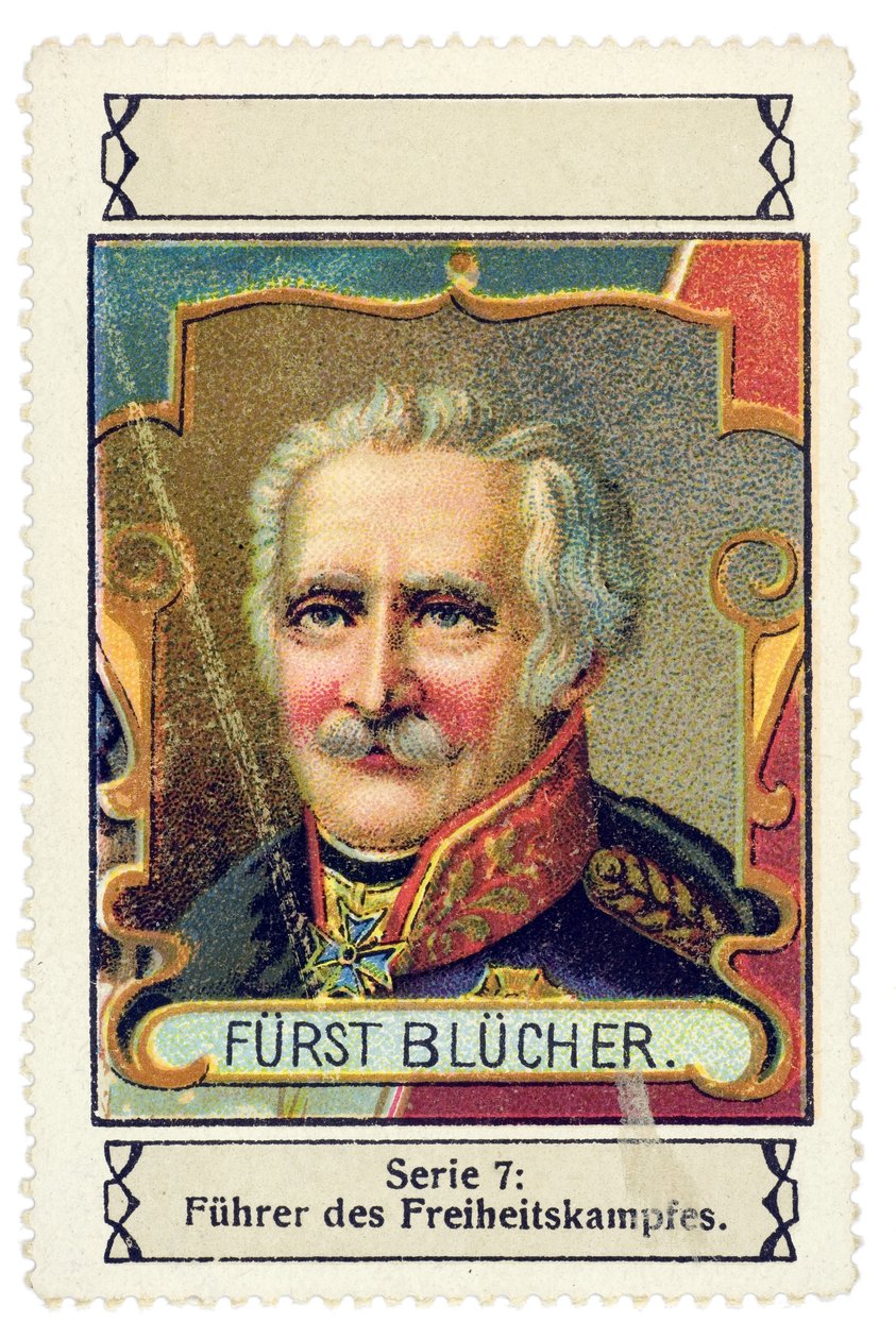 Tysk stämpel med bilden av Gebhard Leberecht von Blucher (1742-1819) tysk befälhavare vid slaget vid Waterloo. Kromolitografiserien "Fuhrer des Freiheitskampfes", början av 1900-talet av Unbekannter Künstler