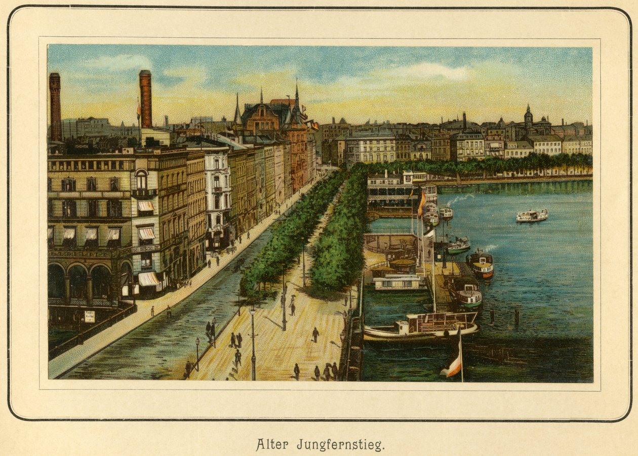 Tyskland, Hamburg, Alter Jungfernstieg , nära sjön Alster, illustration från : "Ansichten-Album Hamburg" , utgiven av C. Schneider, Berlin NW. ca 1890 (litografi) av Unbekannter Künstler