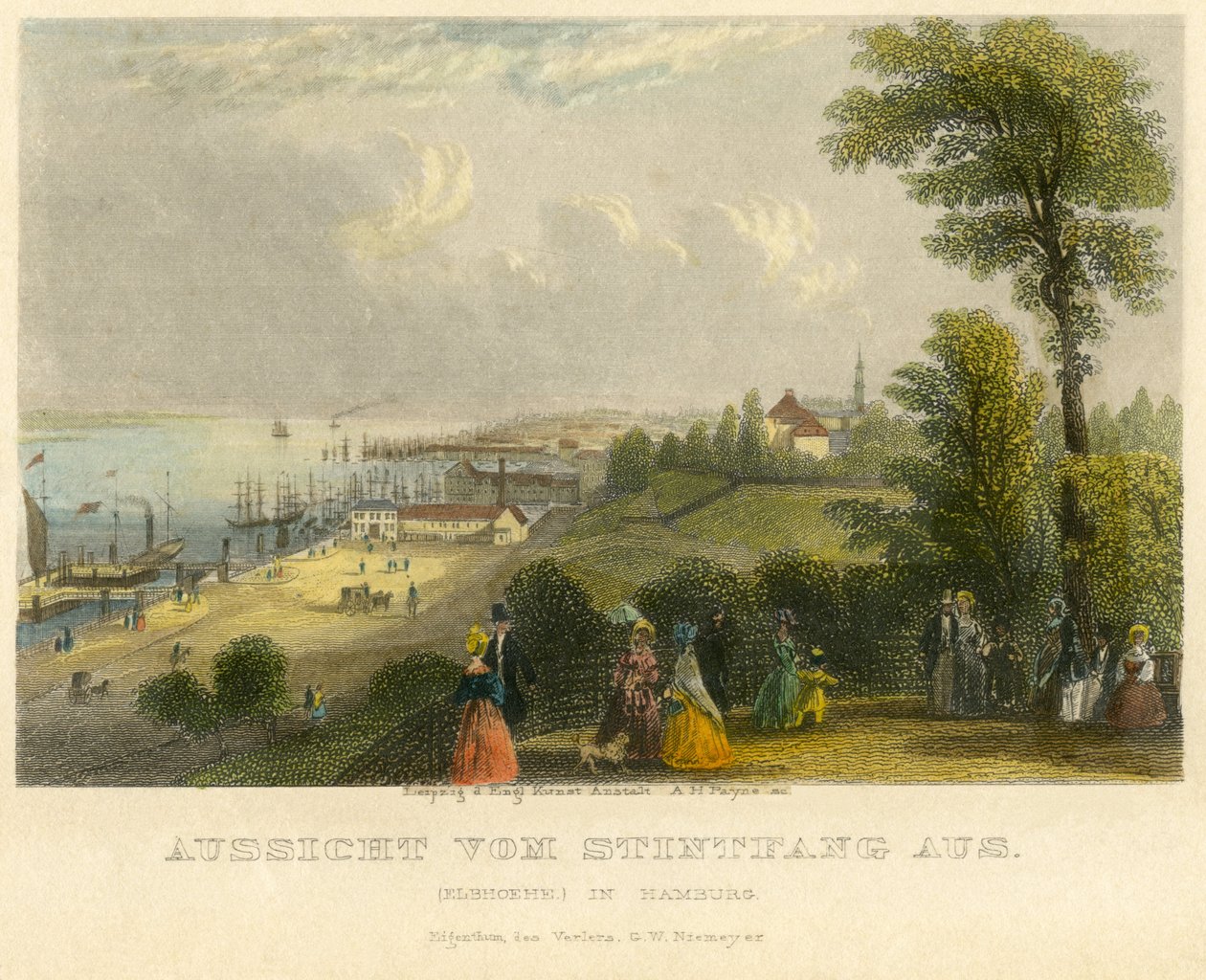 Tyskland, Hamburg, Elbhoehe, vy från Stintfang till floden Elbe, gammalt kolorerat stålstick från A. H. Payne, Leipzig, publicerat av G. W. Niemeyer, omkring 1850 av Unbekannter Künstler