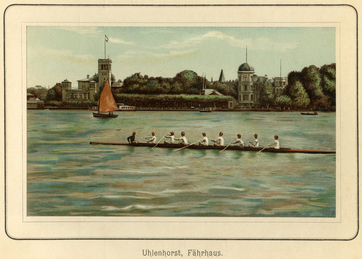 Tyskland, Hamburg, Uhlenhorst färjehus nära Alstersjön, illustration från : "Ansichten-Album Hamburg" (vyer från Hamburg), utgiven av C. Schneider, Berlin NW ca 1890 (litografi) av Unbekannter Künstler