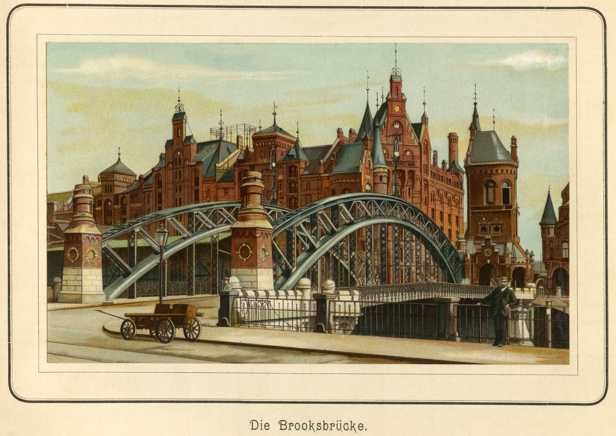 Tyskland, Hamburg, "Brooksbruecke" (Brooks bro) och i bakgrunden hamnmagasinen, kallad "Speicherstadt", ca 1890 (litografi) av Unbekannter Künstler