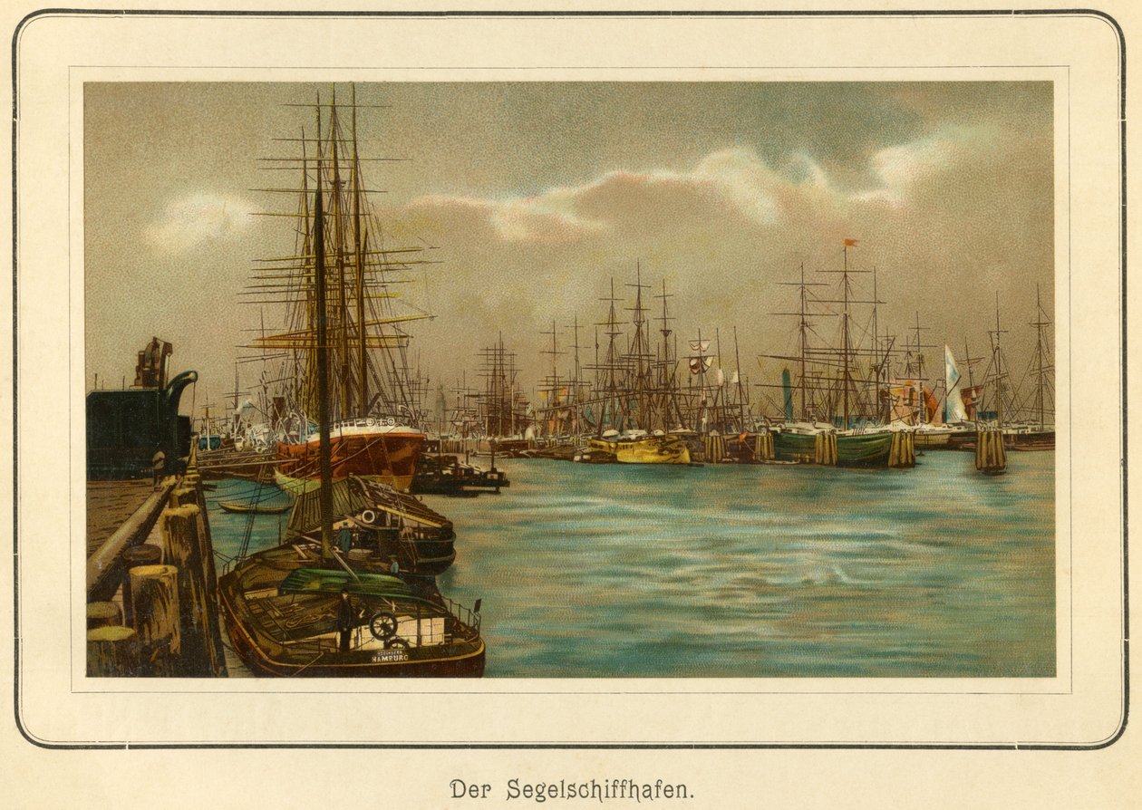 Tyskland, Hamburg, hamnen för segelfartyg, litografi från : "Ansichten-Album Hamburg" (vyer från Hamburg), utgiven av C. Schneider, Berlin NW., ca 1890 (litografi) av Unbekannter Künstler