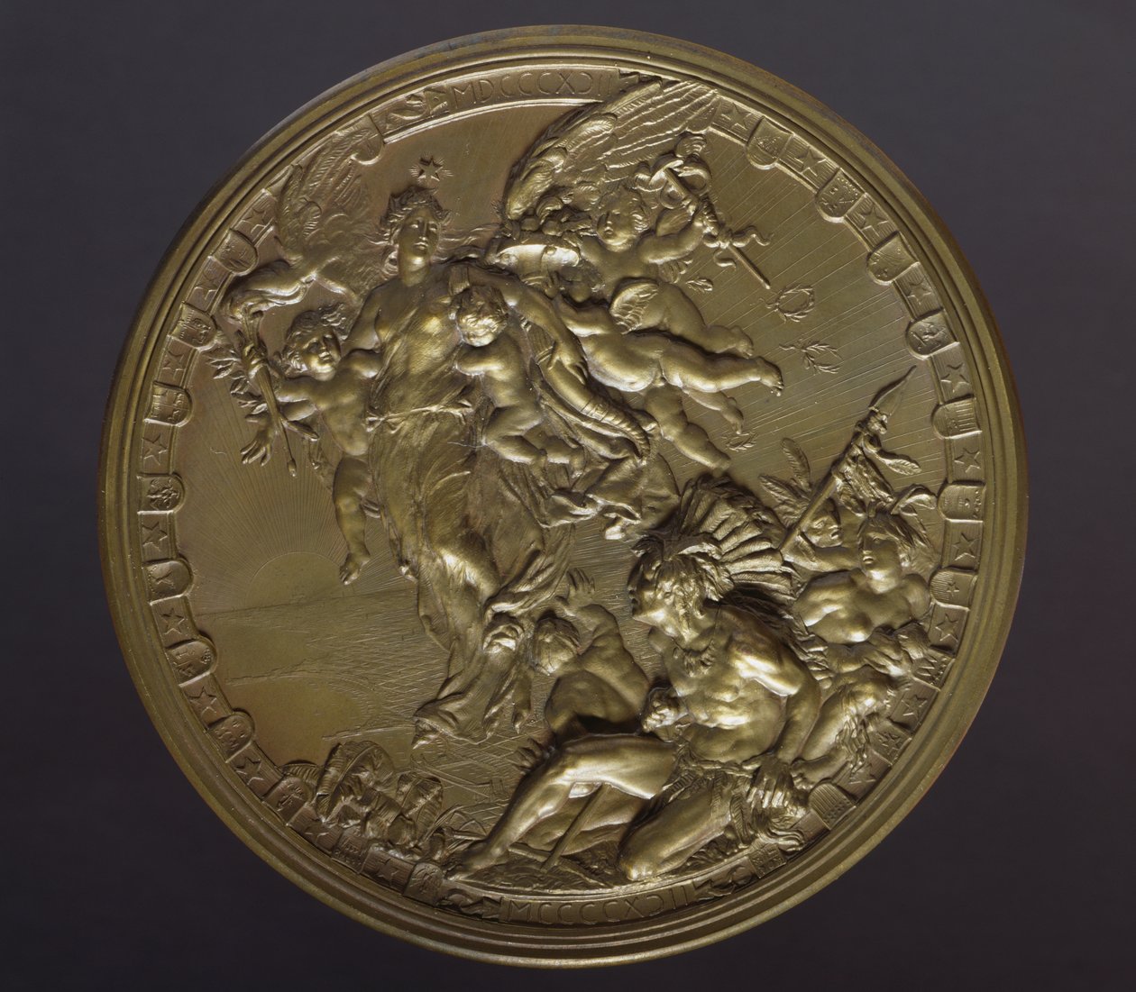 Förgylld bronsmedalj för att markera 400-årsdagen av upptäckten av Amerika (1492-1892) av Benjamin Baud